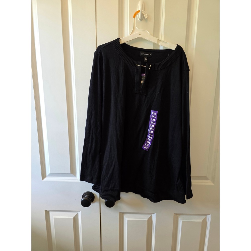 Rafaella Womens Black Long Sleeve V-Neck Knit Top Gold Hardware 2XL LRKFF053